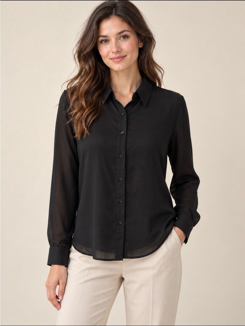 Express Black Long-Sleeve Button-Down Blouse